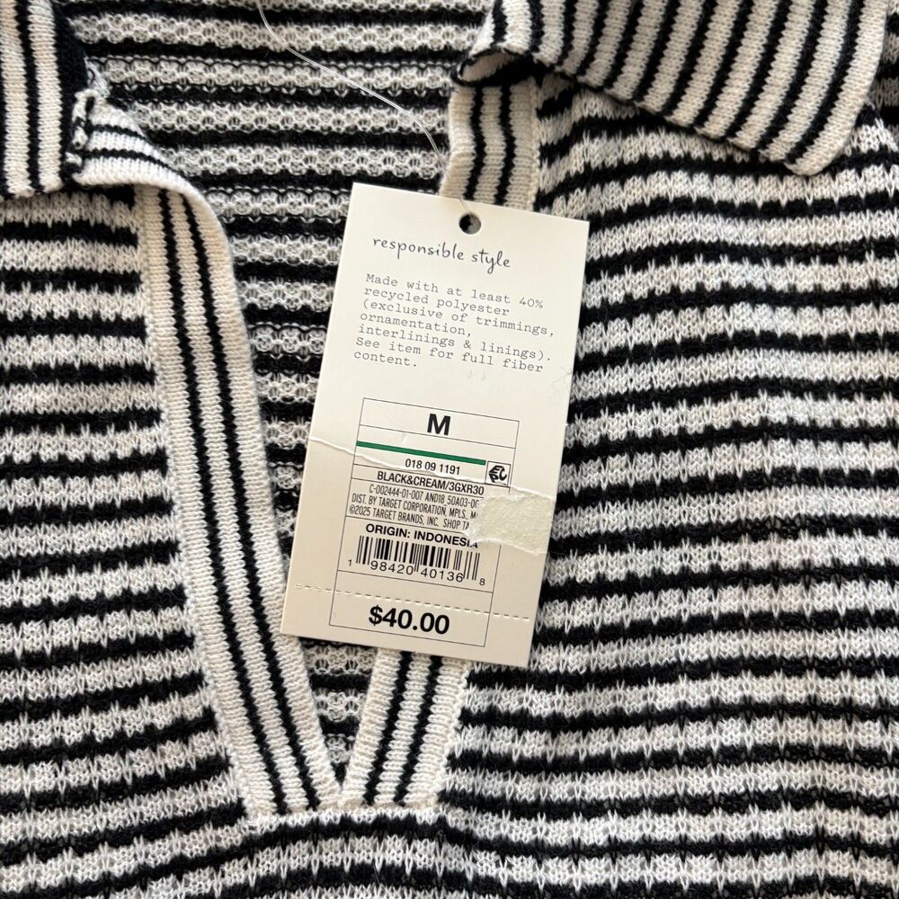 A New Day Black White Striped Maxi Dress Collared V Neck Long Sleeve Lined Sz M - Picture 6 of 9